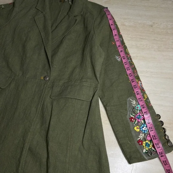 Aratta Silent Journey Olive Green Embroidered Ramie Duster Coat XL ED22J642 - Picture 11 of 13